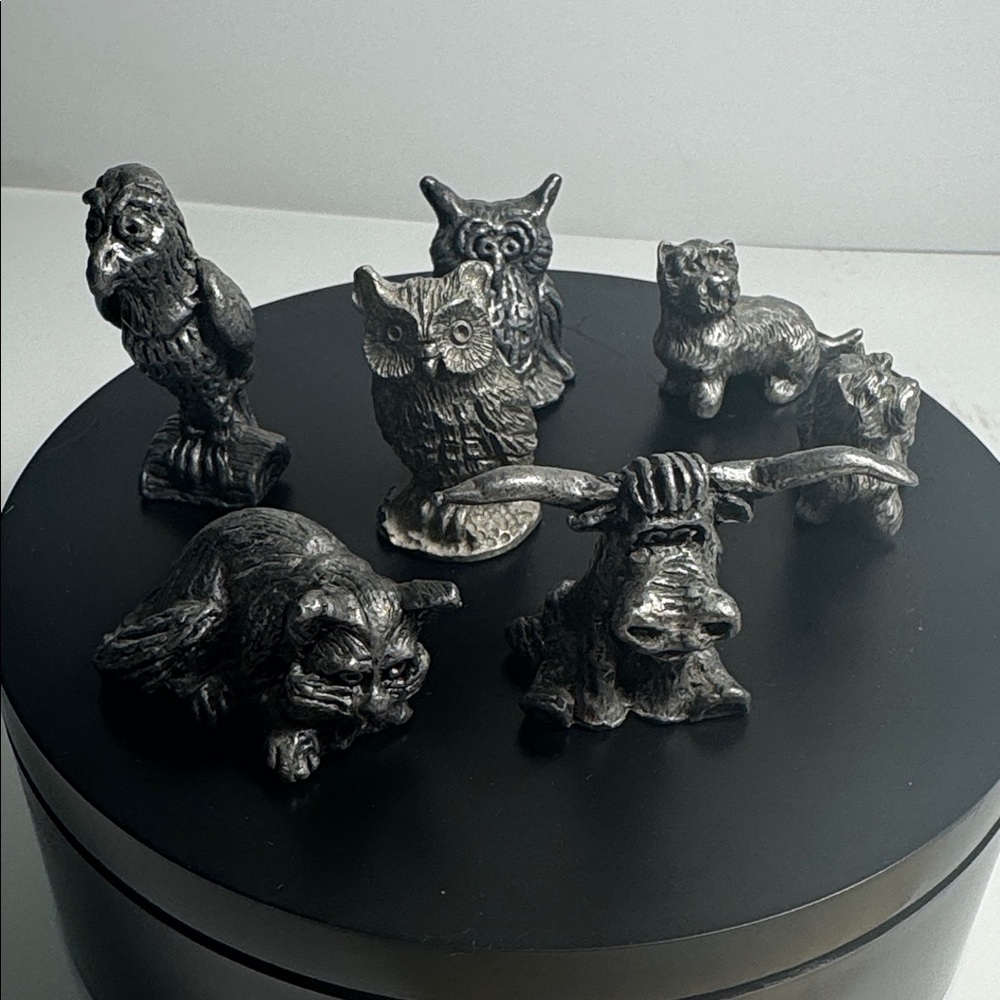 Seven small vintage pewter animals cow cat owl dog